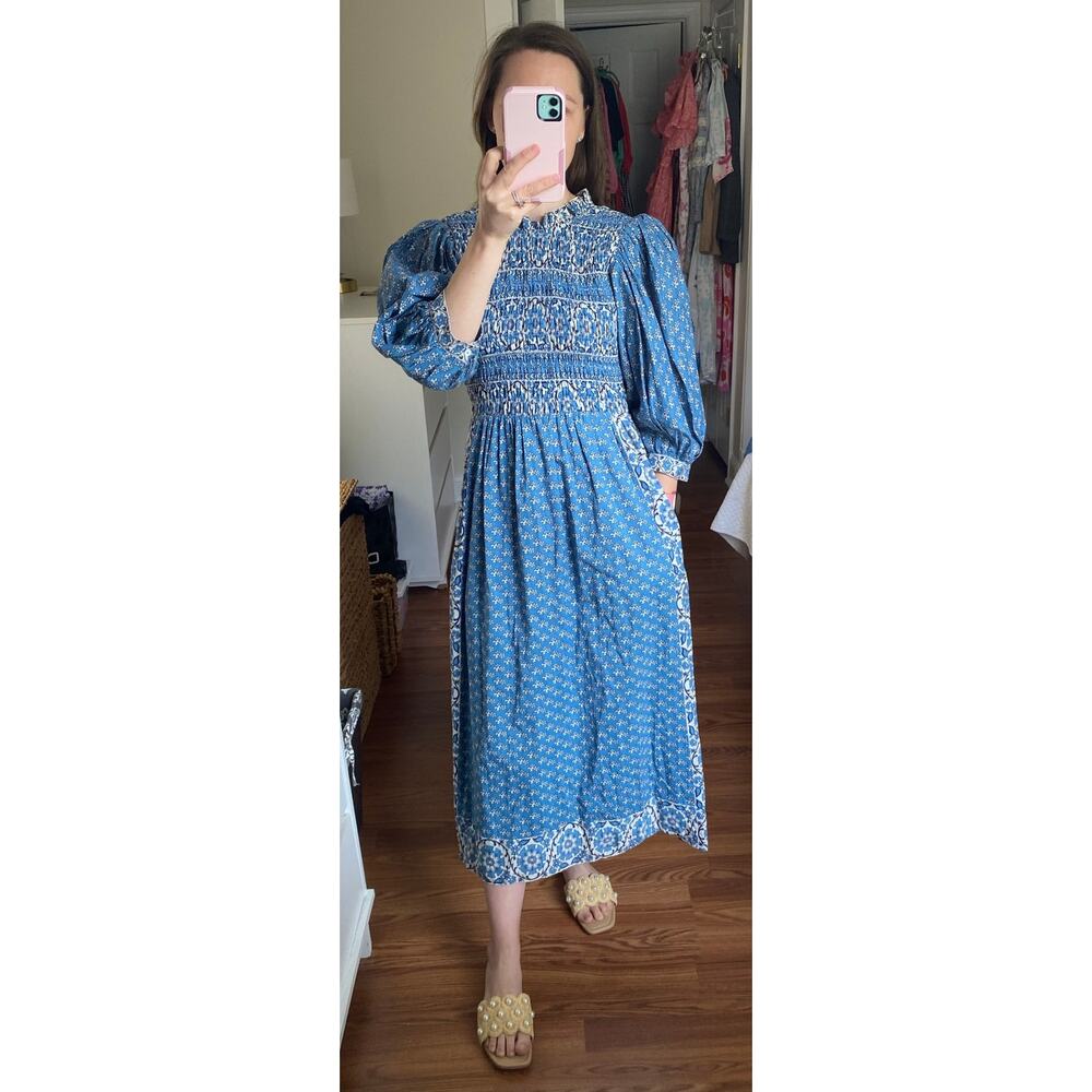 Sea New York Tuckernuck Fernanda Puff Sleeve Smocked Midi Dress Blue Cottage XS - Picture 13 of 14